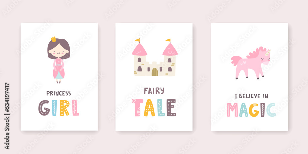 Girly poster set with princess, castle and unicorn. Fairytale prints collection for baby girl wall art. Girly poster set with princess, castle and unicorn. Fairytale prints collection for baby girl wall art.