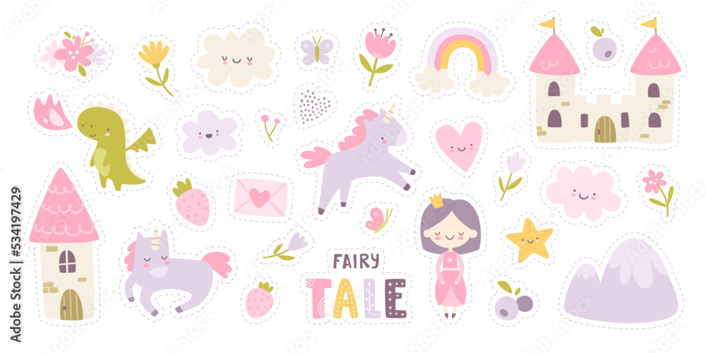 Cute fairy tale stickers set for girls. Magic girly collection with princess and unicorn. Kawaii fantasy sticker bundle. Cute fairy tale stickers set for girls. Magic girly collection with princess and unicorn. Kawaii fantasy sticker bundle.