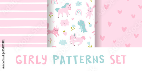 Baby girl pattern collection. Cute seamless pink vector prints set. Scandinavian girly patterns.