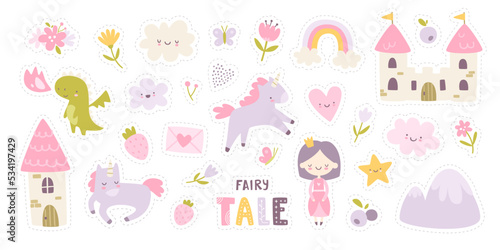 Cute fairy tale stickers set for girls. Magic girly collection with princess and unicorn. Kawaii fantasy sticker bundle.