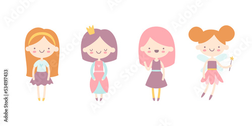 Cute fairytale girls collection. Pretty little stylized girls set. Girly characters.