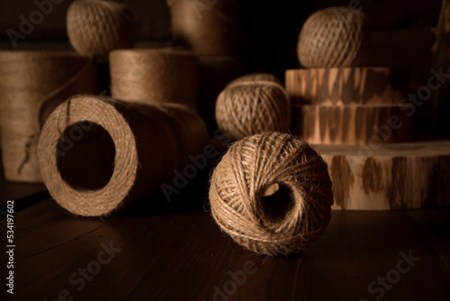 Jute threads materials for crocheting on dark background