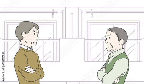 近隣トラブルでにらみ合いをする中年男性　隣人　ご近所　町内会　揉める　喧嘩　アパート・マンション