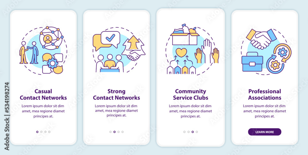 Business networking groups onboarding mobile app screen. Communities walkthrough 4 steps editable graphic instructions with linear concepts. UI, UX, GUI template. Myriad Pro-Bold, Regular fonts used