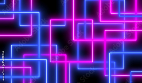 Neon abstract background. 3d Colored neon glow laser lines illumination on black backdrop. Retro synthwave, 80s concept. 
