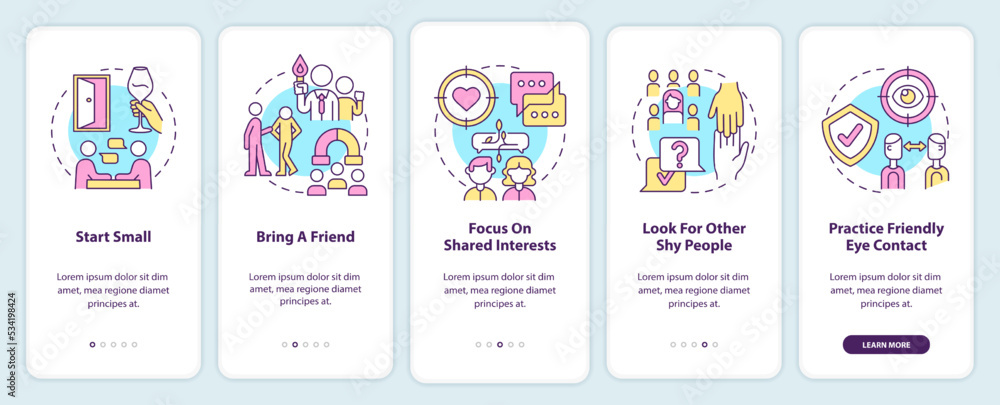 Networking for shy professionals onboarding mobile app screen. Guide walkthrough 5 steps editable graphic instructions with linear concepts. UI, UX, GUI template. Myriad Pro-Bold, Regular fonts used