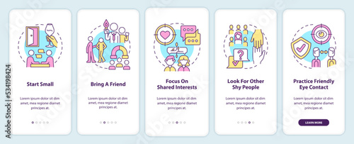 Networking for shy professionals onboarding mobile app screen. Guide walkthrough 5 steps editable graphic instructions with linear concepts. UI, UX, GUI template. Myriad Pro-Bold, Regular fonts used