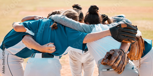 Baseball, support and team together in a motivation, game and training on a pitch or field, Women athlete or club with teamwork, collaboration and conversation in a sports match outdoor in summer photo