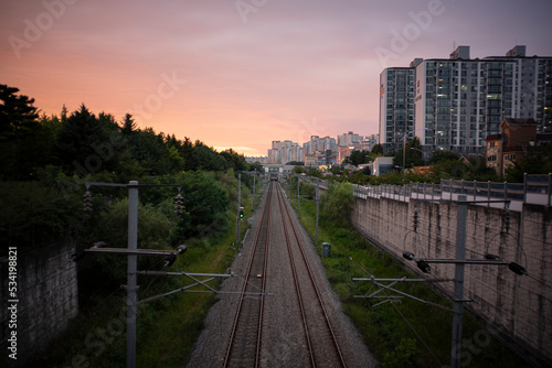 railroad track at sunset