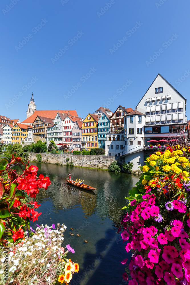 Tübingen Tuebingen town at Neckar river with punt Stocherkahn portrait format travel traveling in Germany