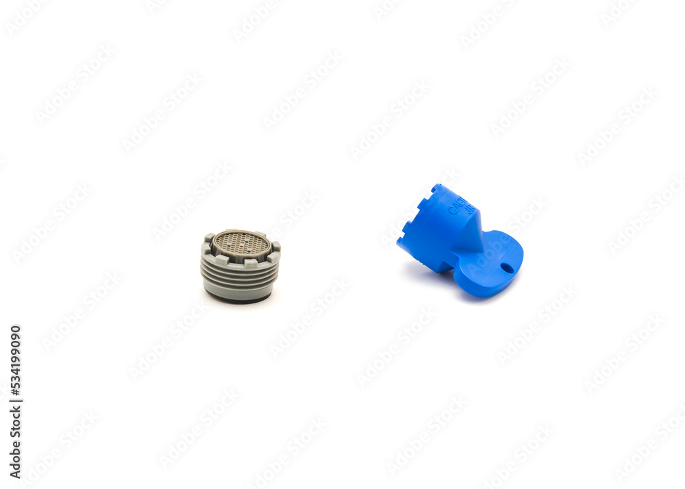Clean brand new faucet aerator and plastic removal opener isolated on white background Clean brand new faucet aerator and plastic removal opener isolated on white background