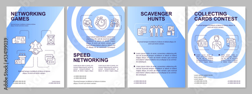 Networking icebreaker games blue gradient brochure template. Leaflet design with linear icons. 4 vector layouts for presentation, annual reports. Arial, Myriad Pro-Regular fonts used