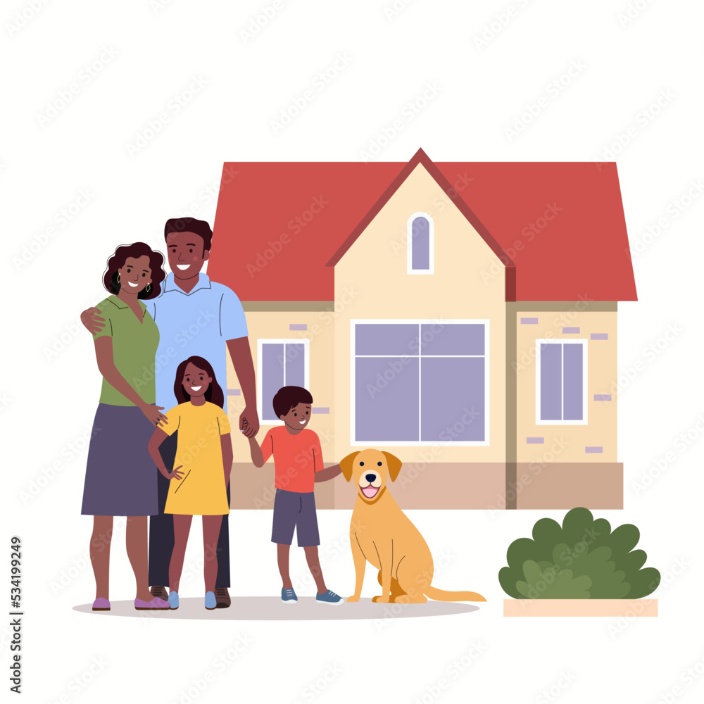 Mother and father with children and dog in front of the new house. Happy dark-skinned family isolated. Vector flat style illustration Mother and father with children and dog in front of the new house. Happy dark-skinned family isolated. Vector flat style illustration
