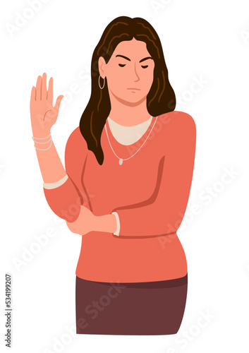 Woman ignoring smb by gesturing stop with hand, showing rejection sign. Refusal, denial, stop and negation concept. Person with dissatisfied facial expression. Mute communication. Vector illustration