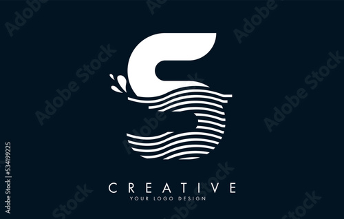 White S Letter Logo with Waves and Water Drops Design.