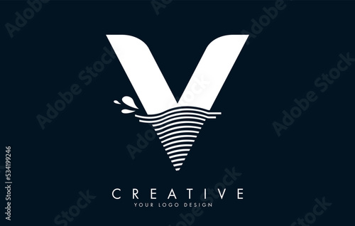 White V Letter Logo with Waves and Water Drops Design.