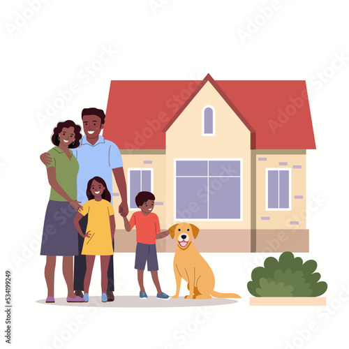 Mother and father with children and dog in front of the new house. Happy dark-skinned family isolated. Vector flat style illustration