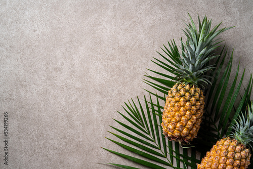 Fresh pineapple with tropical leaves on gray background.