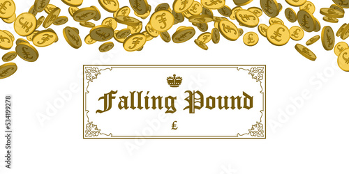 Falling British pounds 3d coins on an isolated white background. Vector financial vintage banner with patterned frame