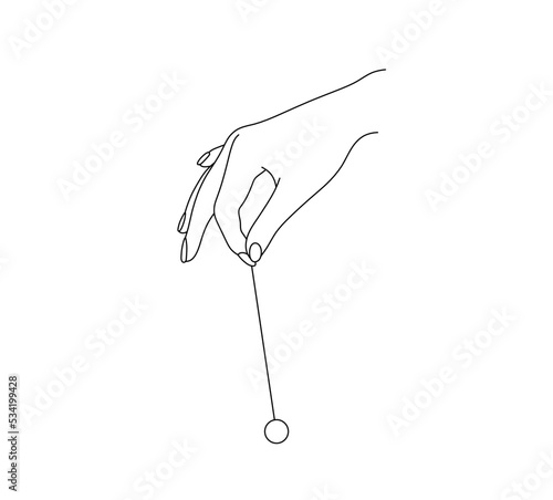 Vector isolated one human head holding pendulum metal ball on string colorless black and white contour line drawing