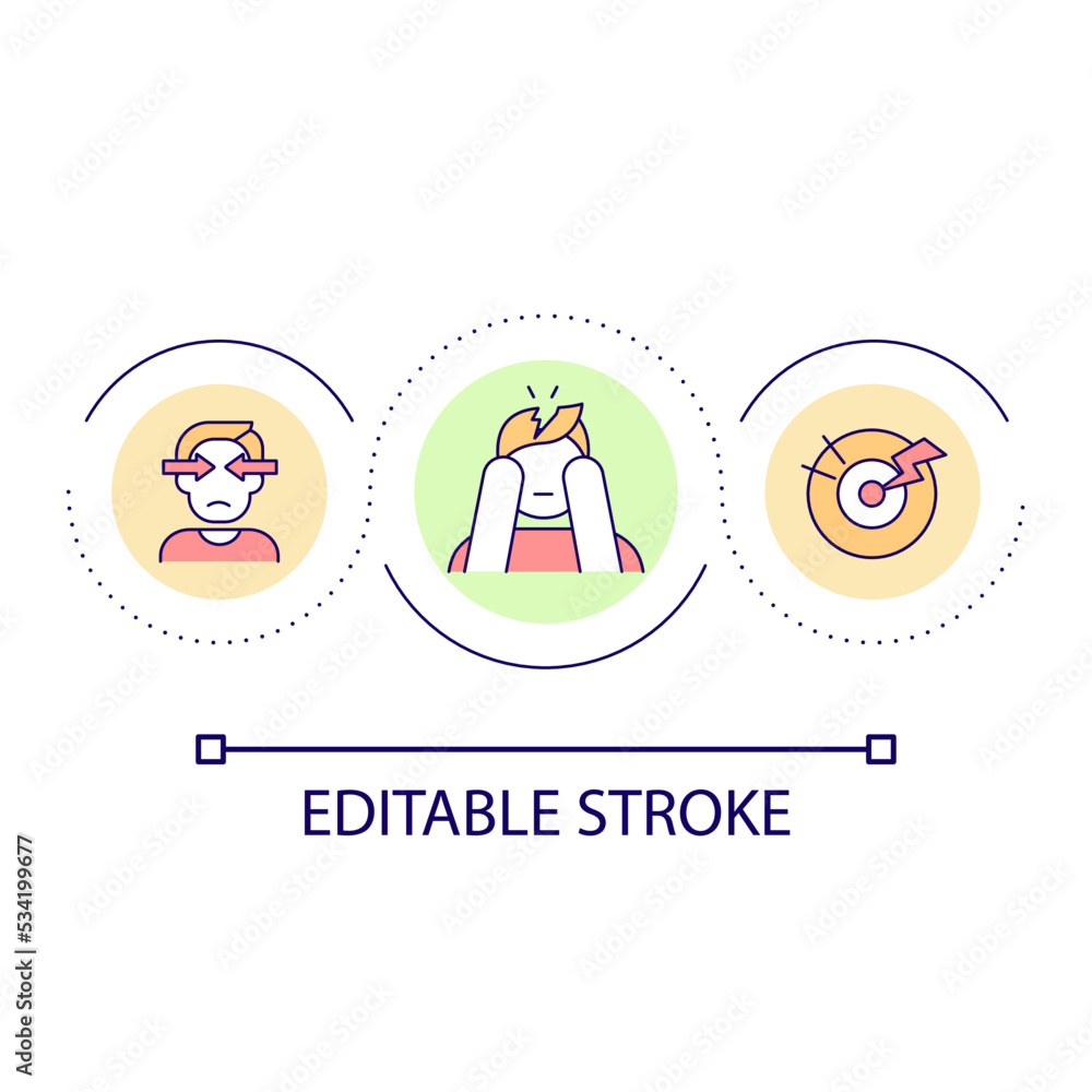 Headache problem loop concept icon. Symptoms of migraine disease. Coping with hypertension abstract idea thin line illustration. Isolated outline drawing. Editable stroke. Arial font used Headache problem loop concept icon. Symptoms of migraine disease. Coping with hypertension abstract idea thin line illustration. Isolated outline drawing. Editable stroke. Arial font used