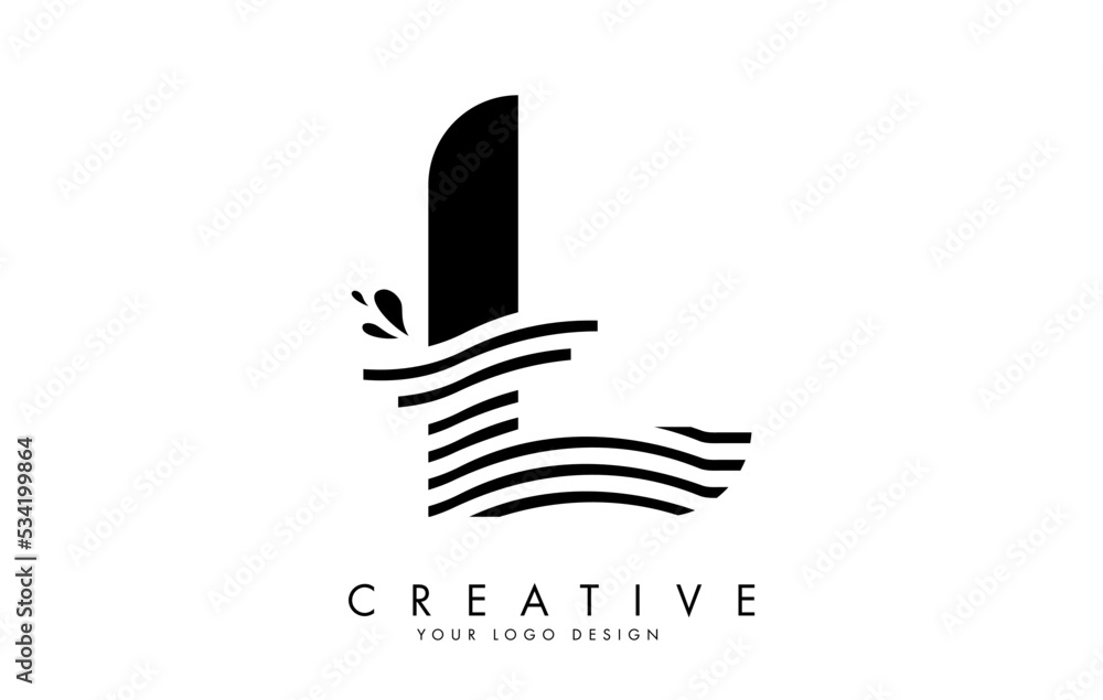 Black L Letter Logo with Waves and Water Drops Design. Black L Letter Logo with Waves and Water Drops Design.