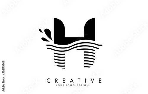 Black H Letter Logo with Waves and Water Drops Design.