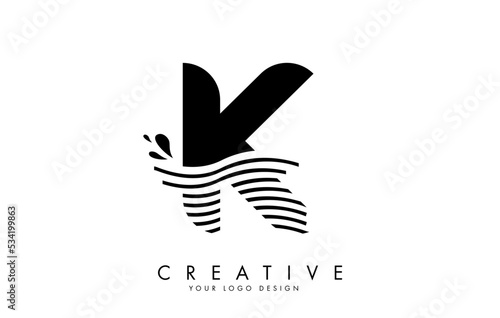 Black K Letter Logo with Waves and Water Drops Design.