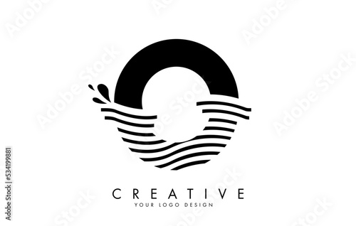 Black O Letter Logo with Waves and Water Drops Design.