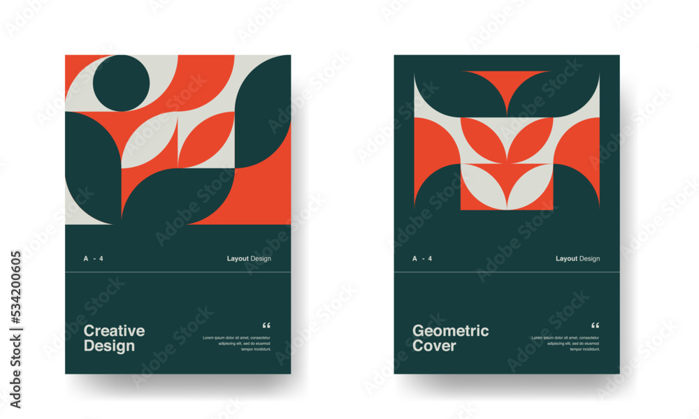 Retro Graphic design covers. Cool vintage shape compositions.  Bauhaus And Swiss Pattern Background, Abstract Geometric Shape Design Vector Poster. Red, White, and Black Color Palette.