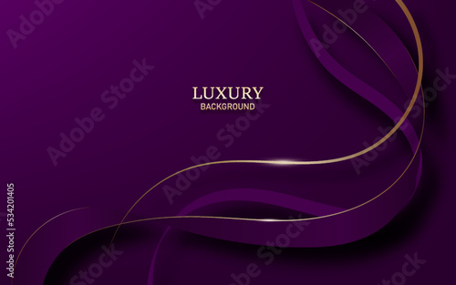 Elegant ribbon with golden line and curved shape elements on purple luxury background with light effect decoration