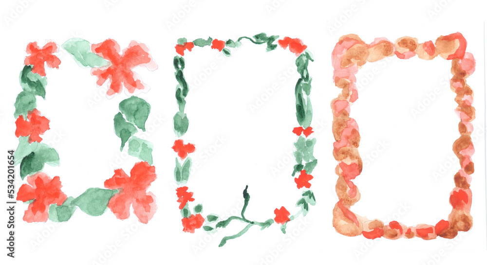 Fototapeta premium Frames watercolor set borders, flowers and stone. Art decoration, sketch. Illustration hand drawn modern