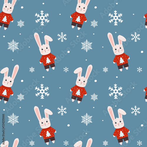 Winter seamless pattern with bunny in sweater and snowflakes. Perfect for wrapping paper, greeting cards and seasonal design.