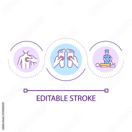 Acupuncture massage loop concept icon. Physiotherapy for rehabilitation. Healthcare service abstract idea thin line illustration. Isolated outline drawing. Editable stroke. Arial font used