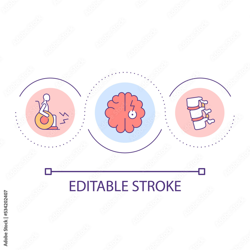 Injuries of brain and spine effect loop concept icon. Handicapable patients. Health care abstract idea thin line illustration. Isolated outline drawing. Editable stroke. Arial font used Injuries of brain and spine effect loop concept icon. Handicapable patients. Health care abstract idea thin line illustration. Isolated outline drawing. Editable stroke. Arial font used
