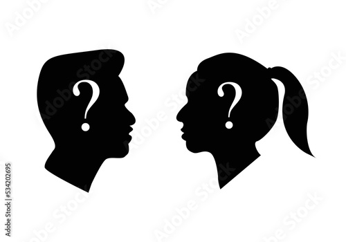 man and woman silhouette with question mark. confused couple icons 