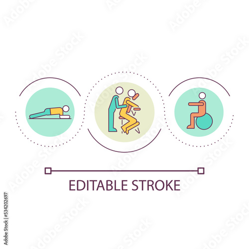Exercises for rehabilitation loop concept icon. Physical therapy exercises. Patients recovery abstract idea thin line illustration. Isolated outline drawing. Editable stroke. Arial font used