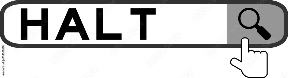 Search banner in word halt with hand over magnifier icon on white background Search banner in word halt with hand over magnifier icon on white background