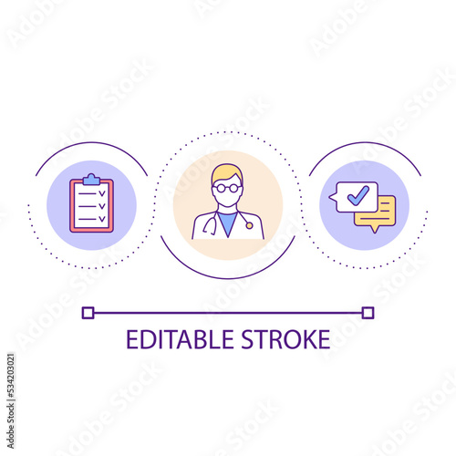 Doctor consultation loop concept icon. Appointment with therapist. Medical care service abstract idea thin line illustration. Isolated outline drawing. Editable stroke. Arial font used
