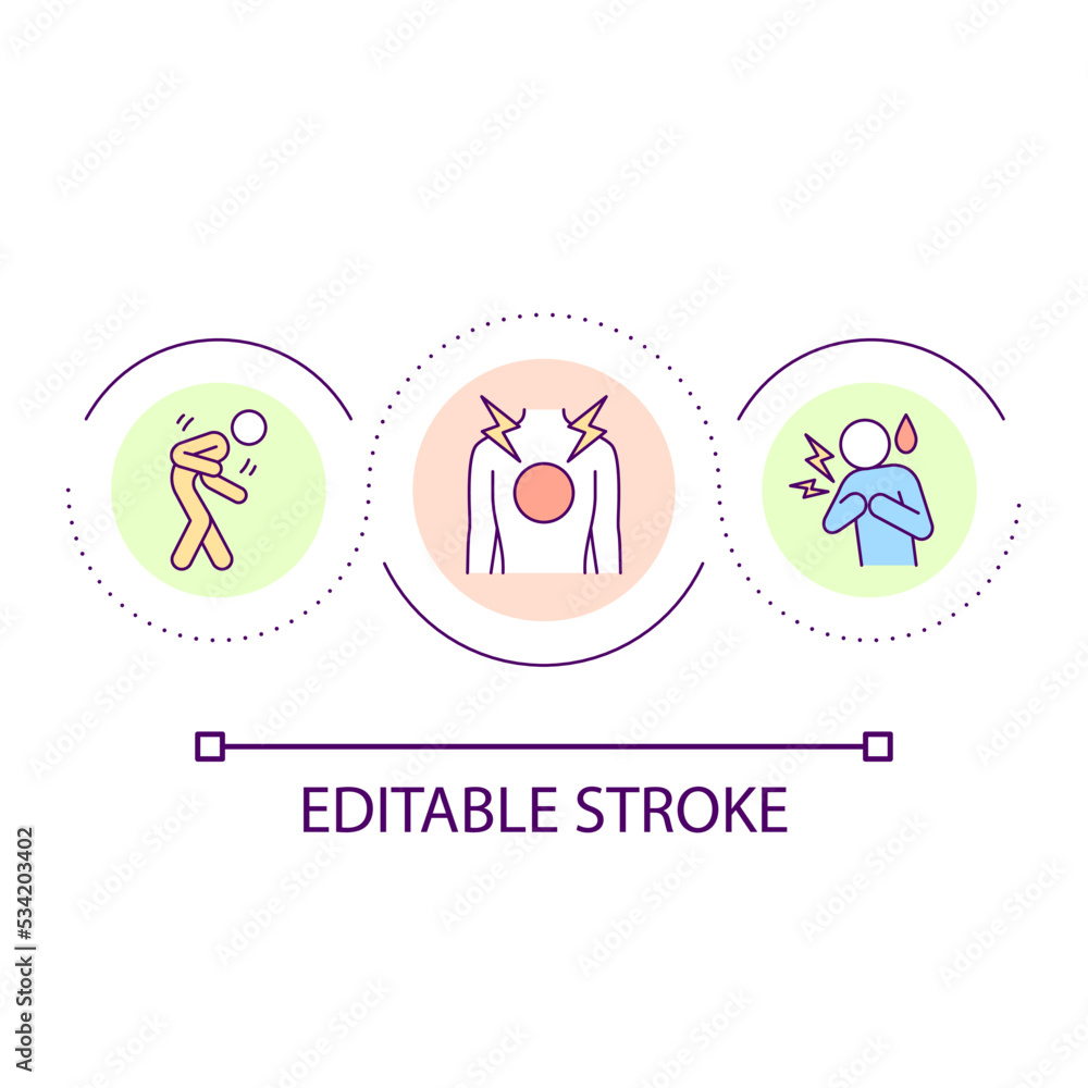 Pain in chest loop concept icon. Warning sign of dangerous disease. Problems with lungs abstract idea thin line illustration. Isolated outline drawing. Editable stroke. Arial font used Pain in chest loop concept icon. Warning sign of dangerous disease. Problems with lungs abstract idea thin line illustration. Isolated outline drawing. Editable stroke. Arial font used