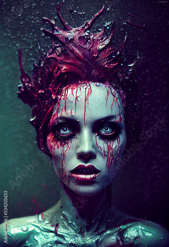 3d rendering of a woman in Halloween zombie makeup digital character