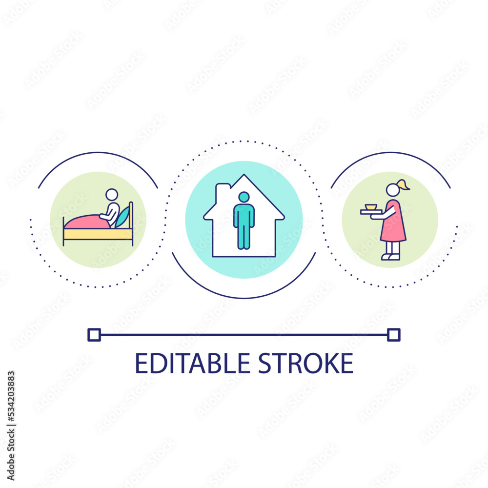 Stay home while getting sick loop concept icon. Home treatment of infectious disease. Healthcare abstract idea thin line illustration. Isolated outline drawing. Editable stroke. Arial font used