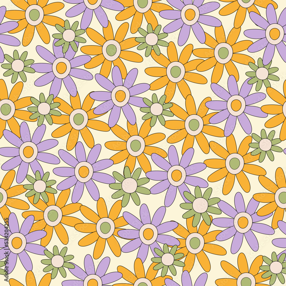 Retro vintage seamless pattern with groovy hippie  flowers on a beige background. Abstract botanical print. Vector illustration
