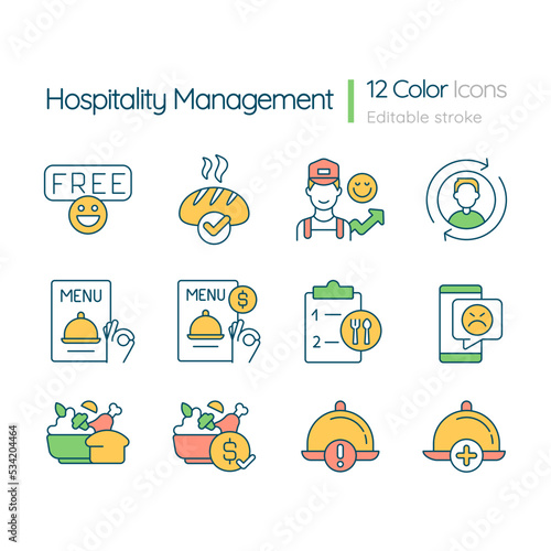 Hospitality management RGB color icons set. Service in restaurant. Menu dishes. Isolated vector illustrations. Simple filled line drawings collection. Editable stroke. Quicksand-Light font used