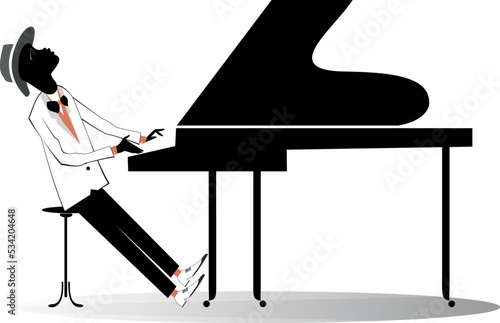 African pianist illustration. 
African musician is playing piano with inspiration. Isolated on white background
