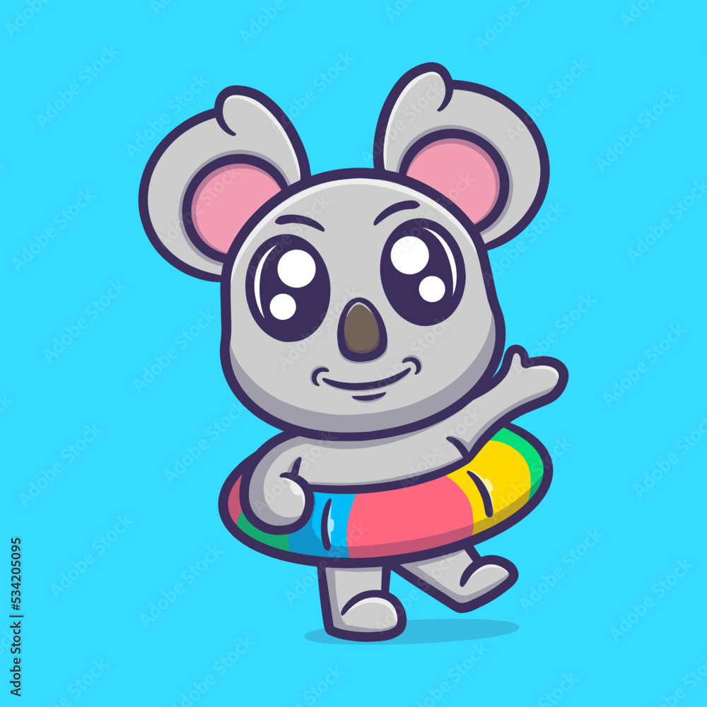 Cute koala wearing tire buoy cartoon vector icon illustration for business Cute koala wearing tire buoy cartoon vector icon illustration for business