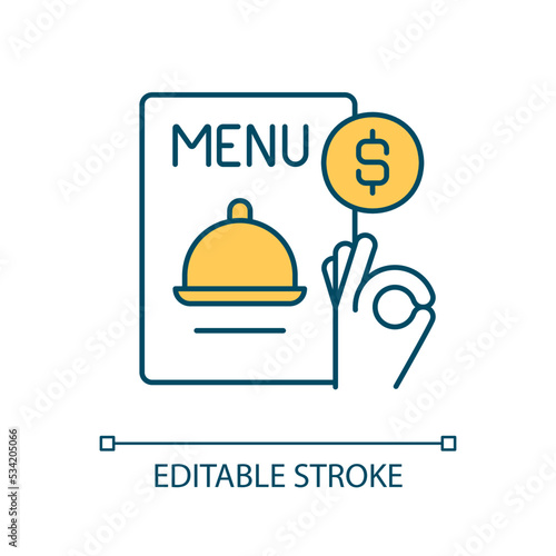 Restaurant menu with prices RGB color icon. Fine dining. Fast food. Pricing strategy. Limited-service offers. Isolated vector illustration. Simple filled line drawing. Editable stroke. Arial font used