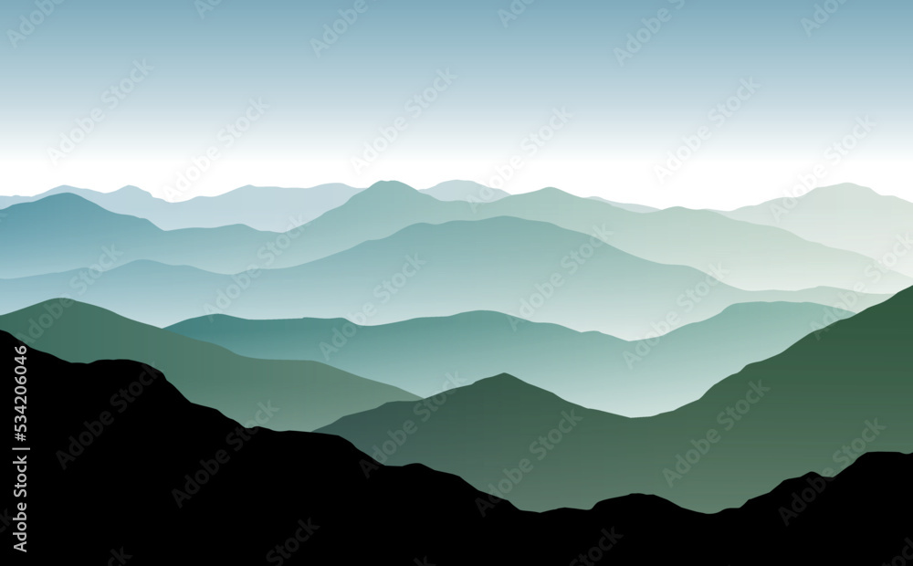 Vector panoramic landscape with blue and green misty silhouettes of mountains and clear sky - obrazy, fototapety, plakaty 
