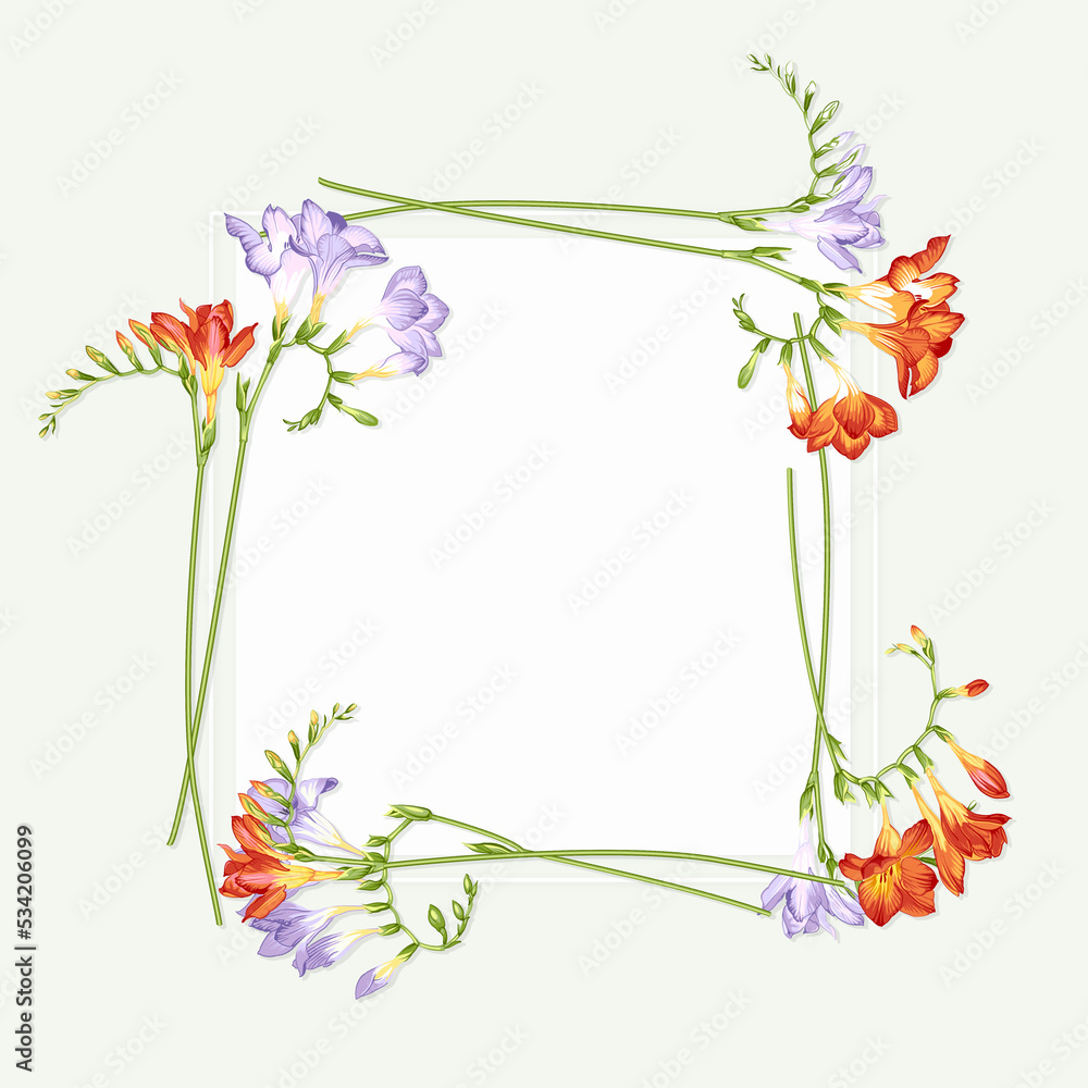 Greeting card with freesia flowers, can be used as invitation card for wedding, birthday and other holiday and summer background