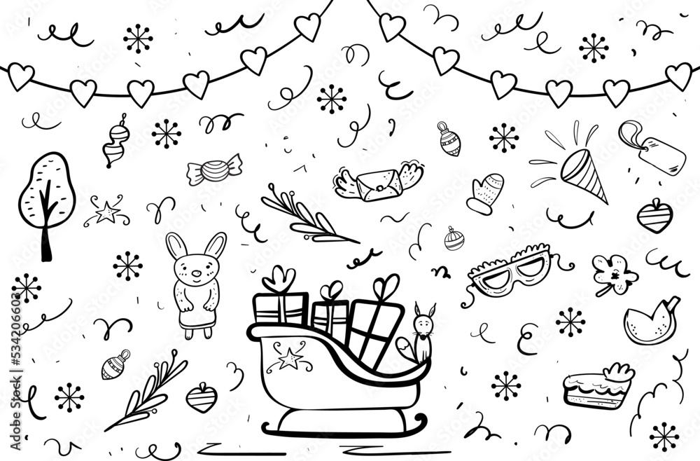 Obraz premium Santa Claus's sleigh with gifts. Christmas decorations and forest animals coloring page in cartoon style
